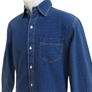 Double RL Ralph Lauren Mens Blue Denim Button Front Shirt Wht Polka Dot Slim Fit